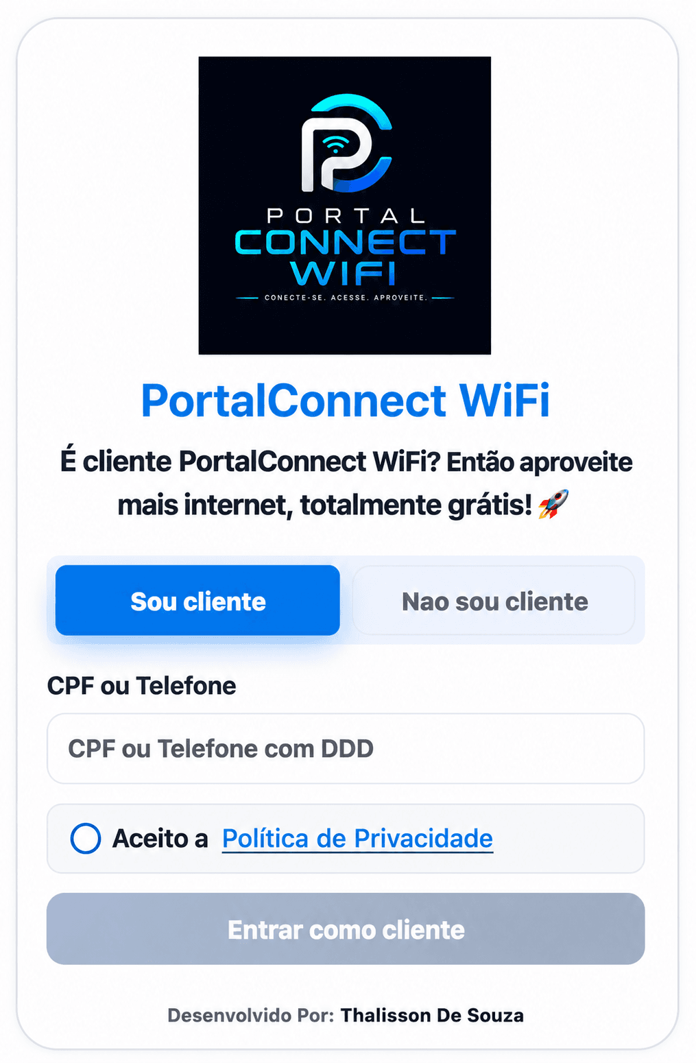 Tela do PortalConnect WiFi para acesso de clientes