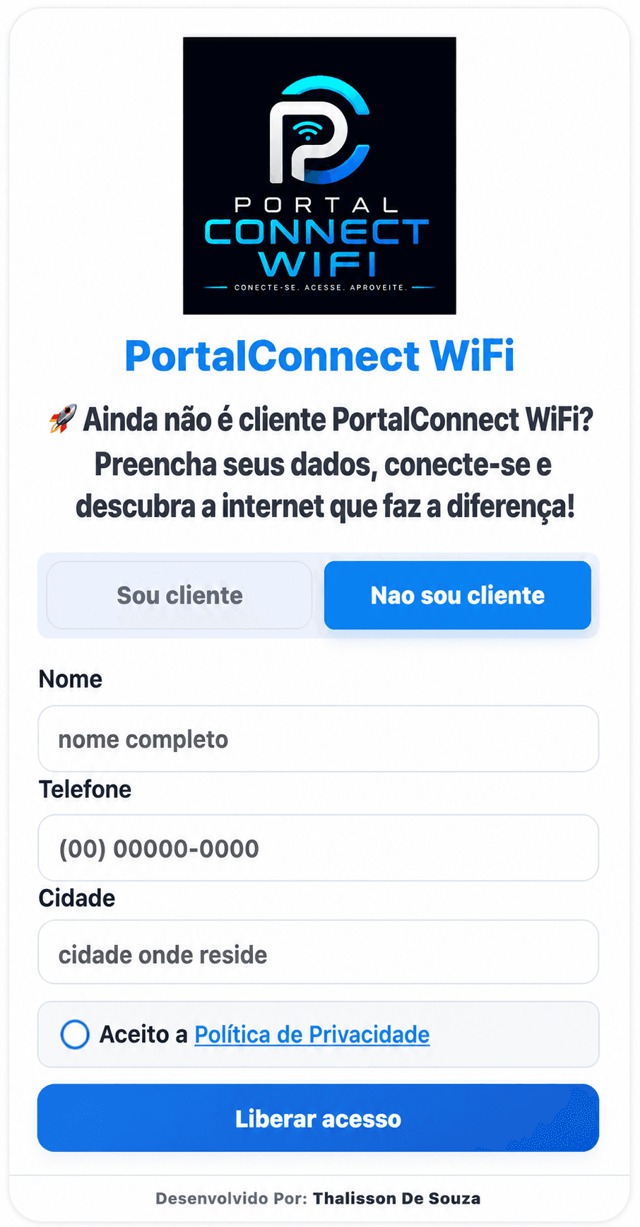 Tela do PortalConnect WiFi para cadastro de um novo visitante